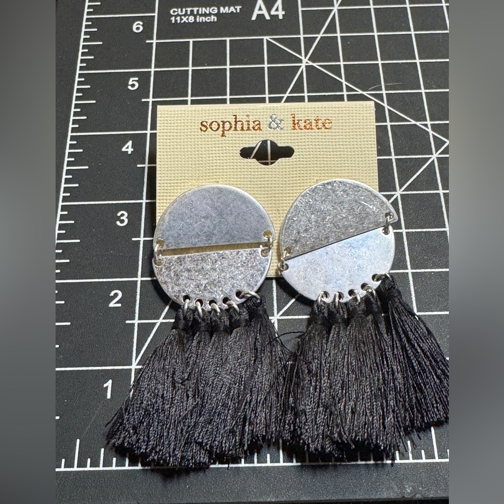 Sophia & Kate Black Tassel Drop Earrings – Silver Disc Design